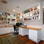 This two-seater home office with built-in bookcases was built for a customer in Pymble with shaker-style doors and timber oak benchtop. Finished in satin white ploy paint with clear satin on the bench top using Blum hinges and draw runner.